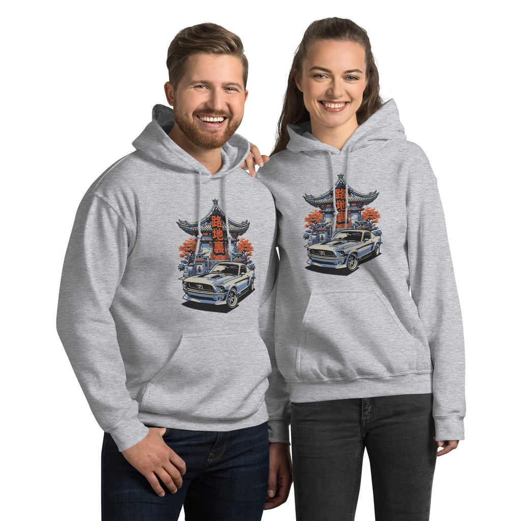 a couple of a man and a woman wearing a matching sport grey hoodie with a japanese retro jdm 90s Car Graphic design against a white background