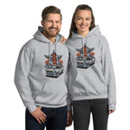 a couple of a man and a woman wearing a matching sport grey hoodie with a japanese retro jdm 90s Car Graphic design against a white background