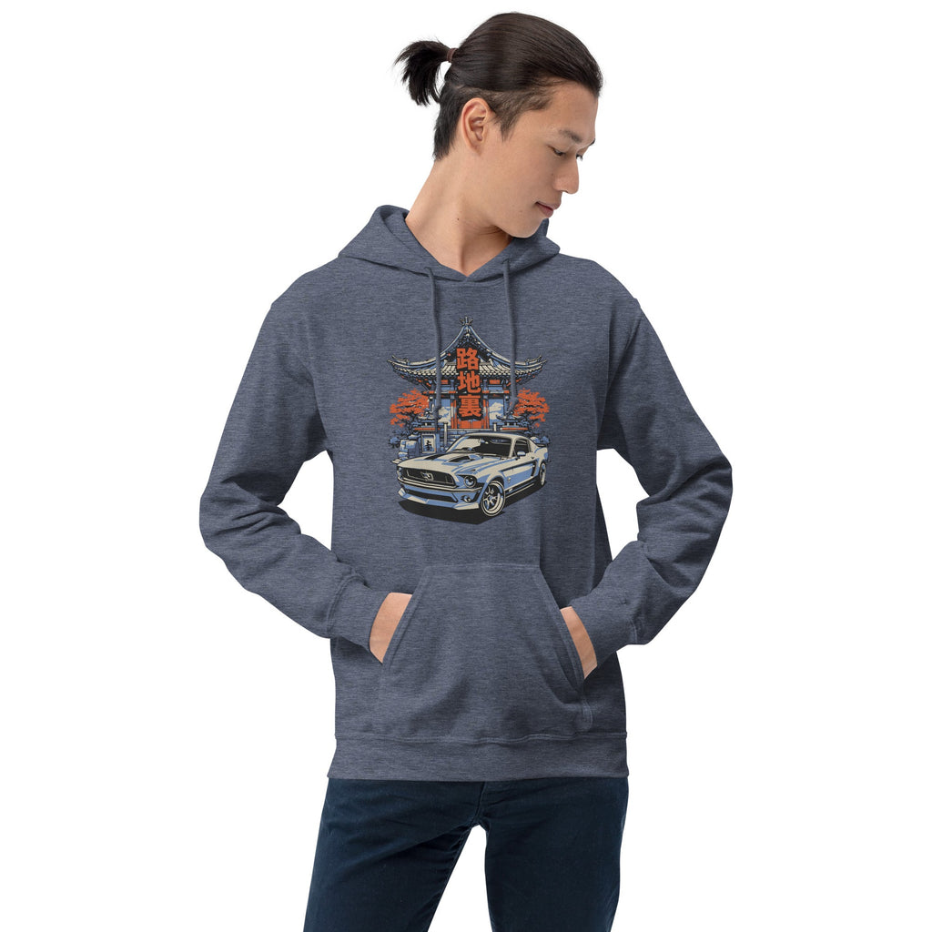 a man wearing a charcoal heather hoodie with a japanese retro jdm 90s Car Graphic design against a white background