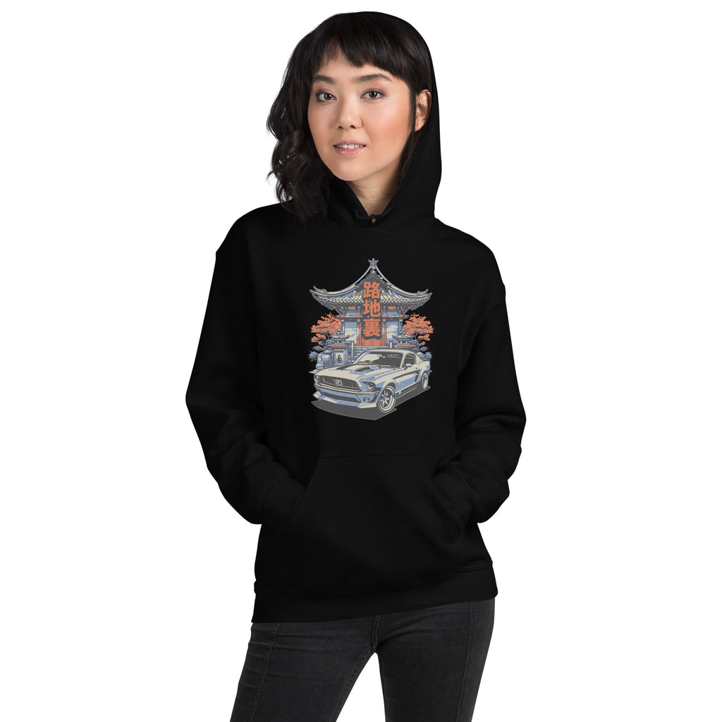 a woman wearing a black hoodie with a japanese retro jdm 90s Car Graphic design against a white background