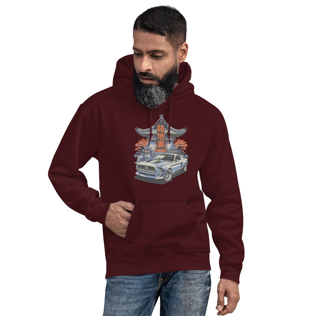 a man wearing a maroon hoodie with a japanese retro jdm 90s Car Graphic design against a white background
