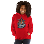 a woman wearing a cardinal red hoodie with a japanese retro jdm 90s Car Graphic design against a white background