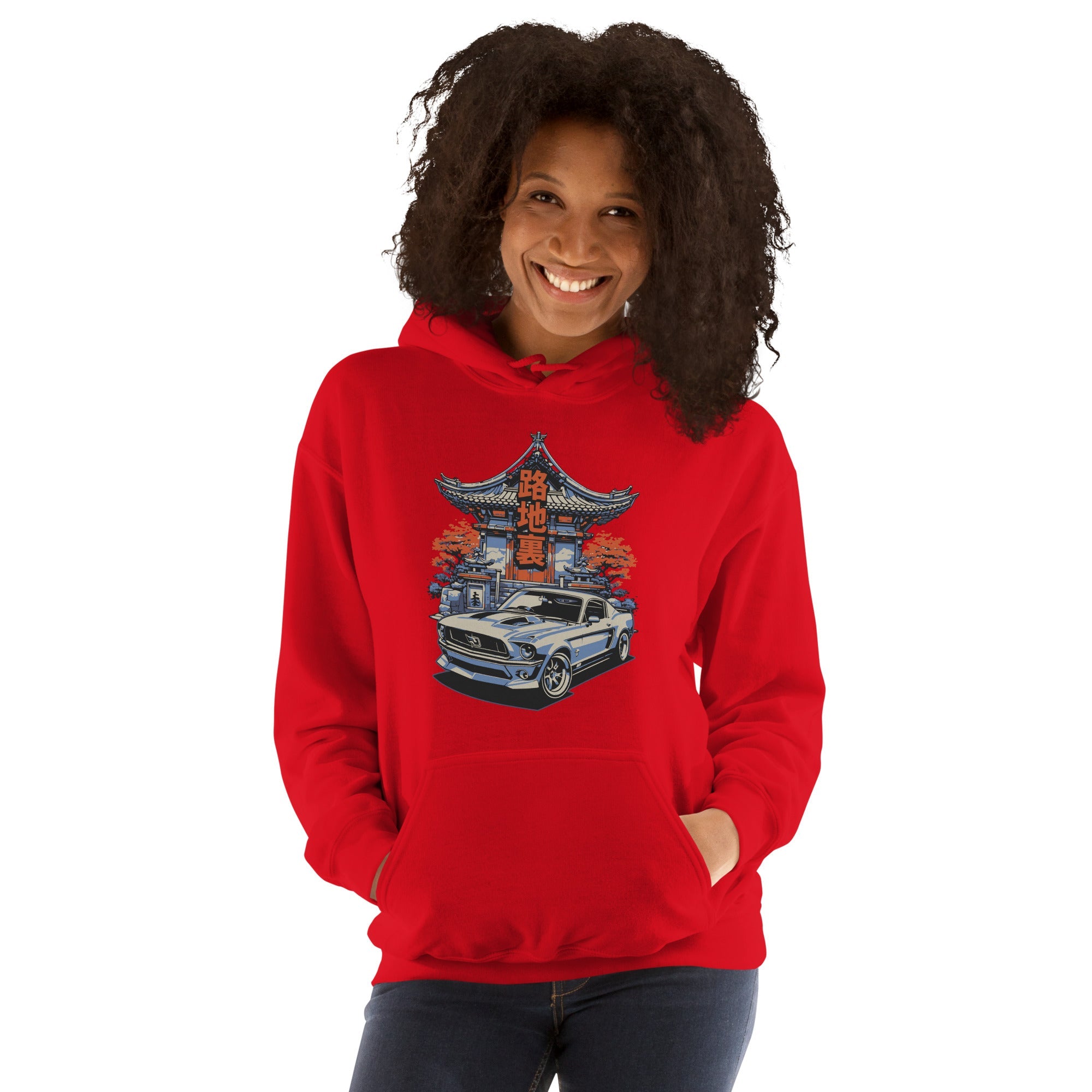 a woman wearing a cardinal red hoodie with a japanese retro jdm 90s Car Graphic design against a white background