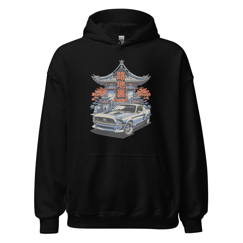 black hoodie with a japanese retro jdm 90s Car Graphic design against a white background