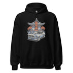 black hoodie with a japanese retro jdm 90s Car Graphic design against a white background