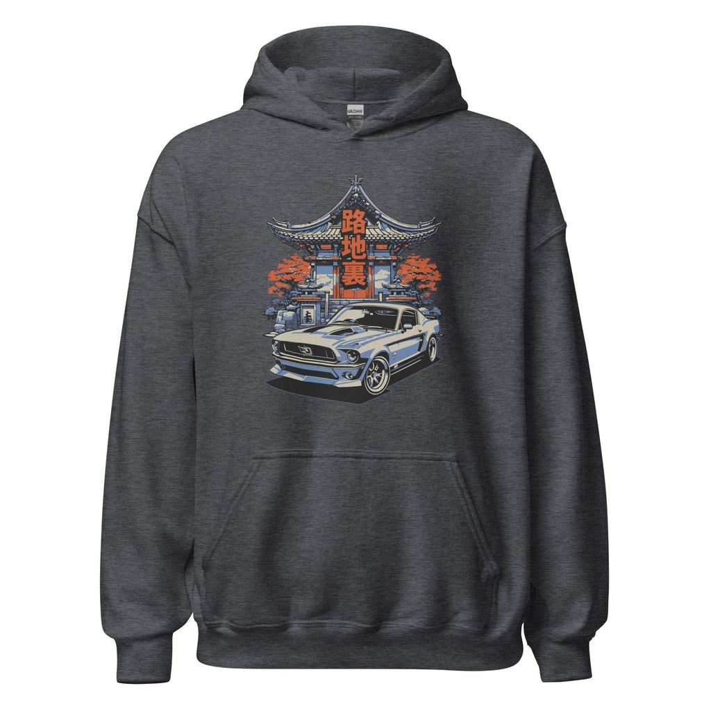 dark heather hoodie with a japanese retro jdm 90s Car Graphic design against a white background