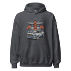 dark heather hoodie with a japanese retro jdm 90s Car Graphic design against a white background