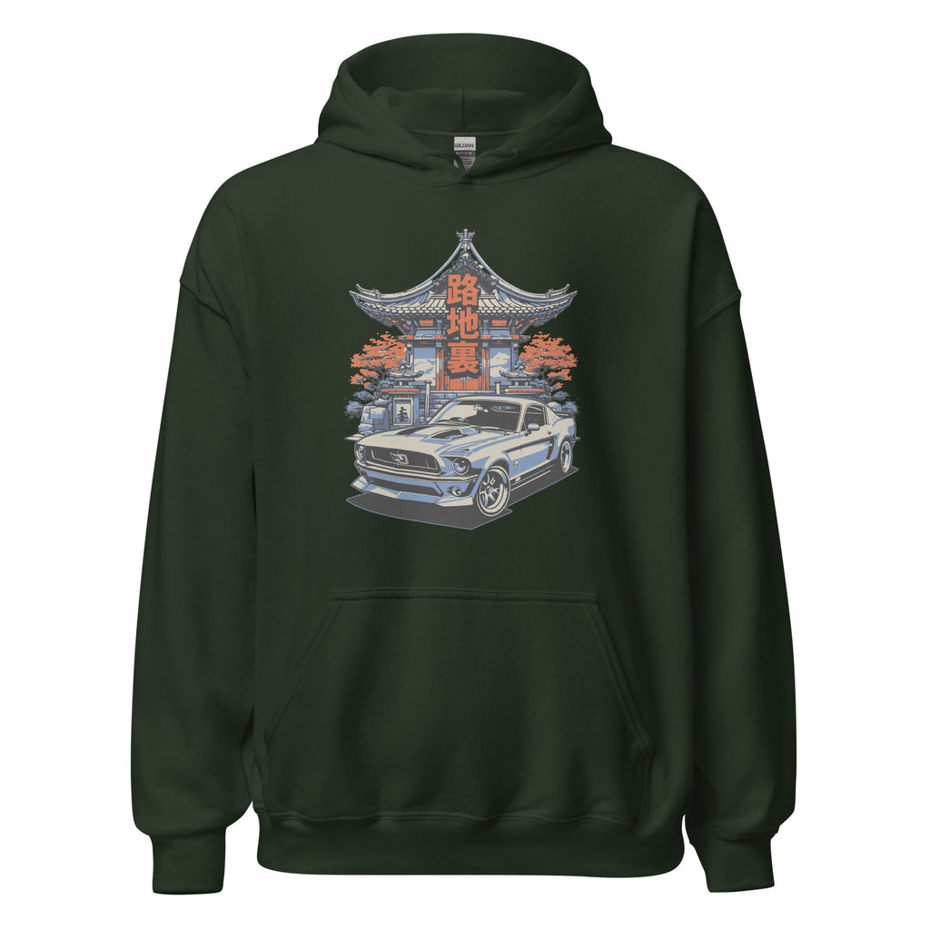 forest green hoodie with a japanese retro jdm 90s Car Graphic design against a white background