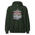 forest green hoodie with a japanese retro jdm 90s Car Graphic design against a white background
