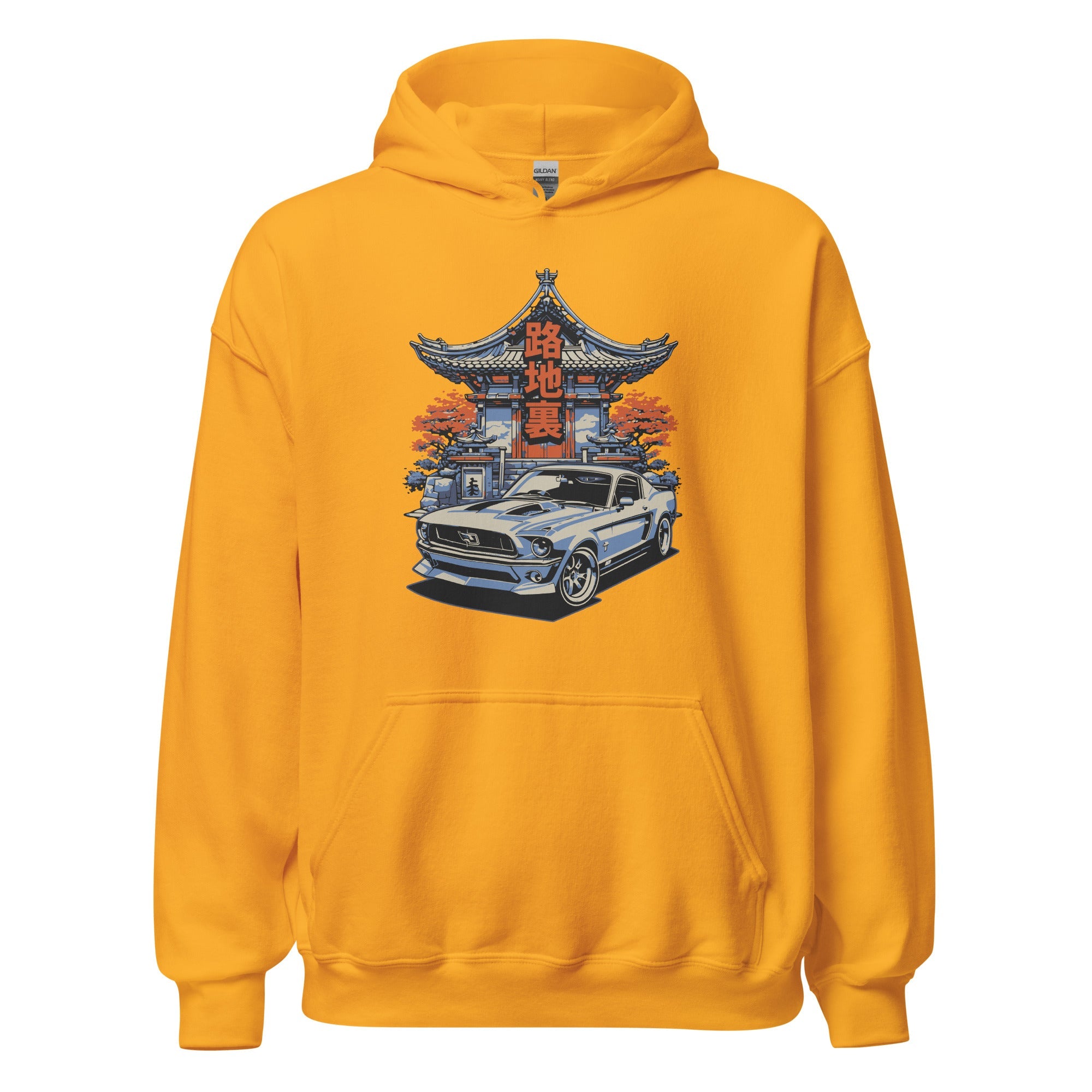 gold yellow hoodie with a japanese retro jdm 90s Car Graphic design against a white background