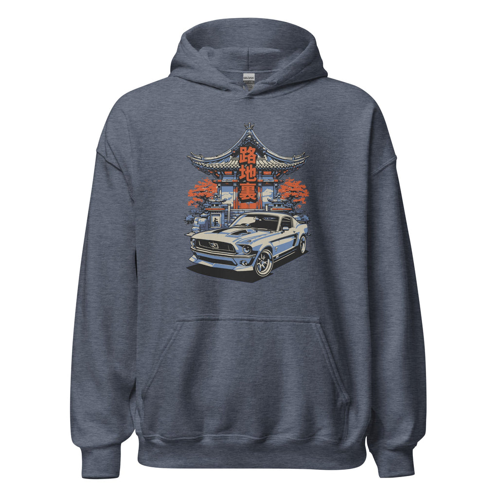 heather sport dark navy hoodie with a japanese retro jdm 90s Car Graphic design against a white background