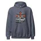 heather sport dark navy hoodie with a japanese retro jdm 90s Car Graphic design against a white background