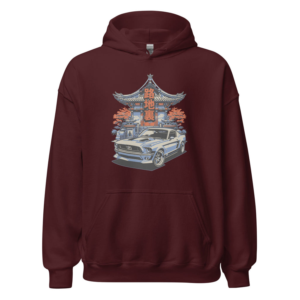maroon hoodie with a japanese retro jdm 90s Car Graphic design against a white background