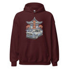 maroon hoodie with a japanese retro jdm 90s Car Graphic design against a white background