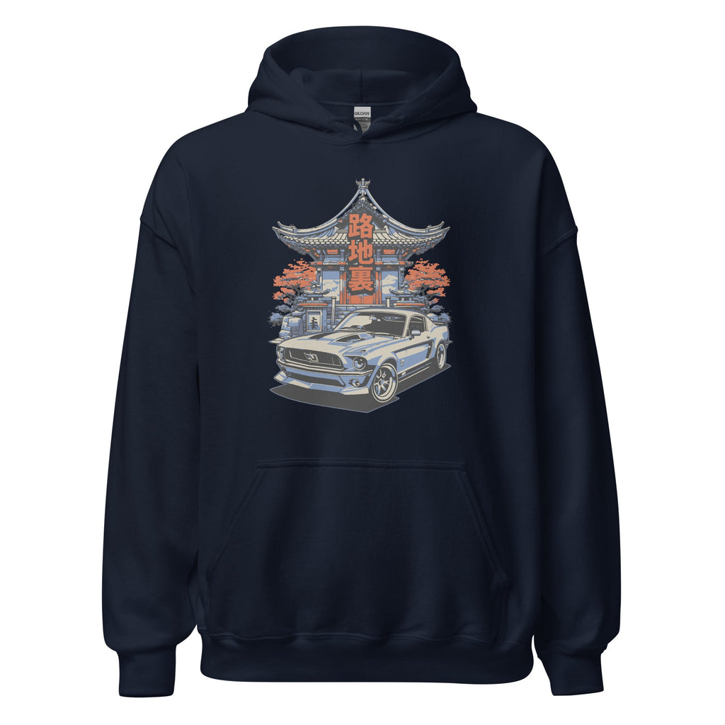navy hoodie with a japanese retro jdm 90s Car Graphic design against a white background
