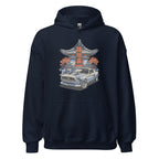 navy hoodie with a japanese retro jdm 90s Car Graphic design against a white background