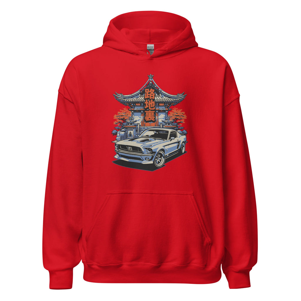red hoodie with a japanese retro jdm 90s Car Graphic design against a white background