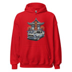 red hoodie with a japanese retro jdm 90s Car Graphic design against a white background