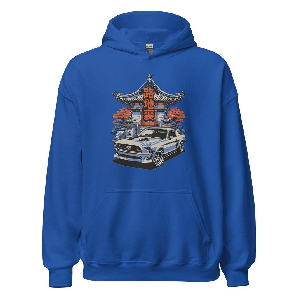blue hoodie with a japanese retro jdm 90s Car Graphic design against a white background