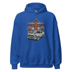 blue hoodie with a japanese retro jdm 90s Car Graphic design against a white background