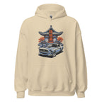sand colored hoodie with a japanese retro jdm 90s Car Graphic design against a white background