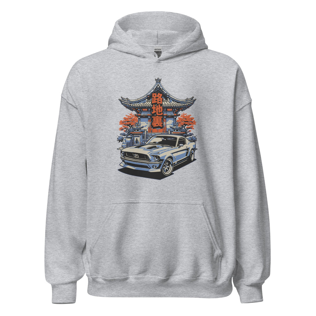sport grey hoodie with a japanese retro jdm 90s Car Graphic design against a white background