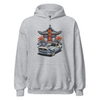 sport grey hoodie with a japanese retro jdm 90s Car Graphic design against a white background