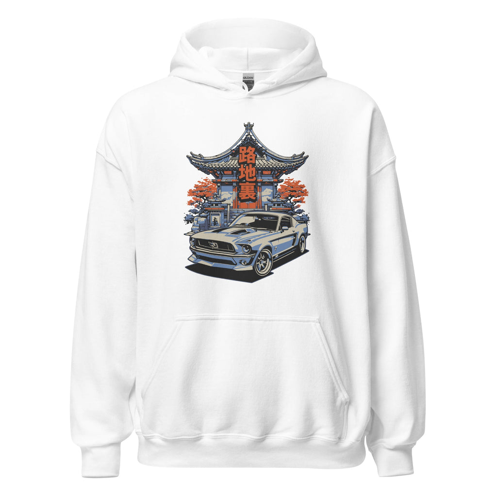 white hoodie with a japanese retro jdm 90s Car Graphic design against a white background