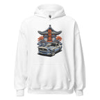 white hoodie with a japanese retro jdm 90s Car Graphic design against a white background
