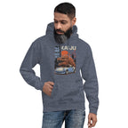 a bearded man wearing sport grey hoodie with a monster kaiju and Porsche Car vintage Graphic design against a white background