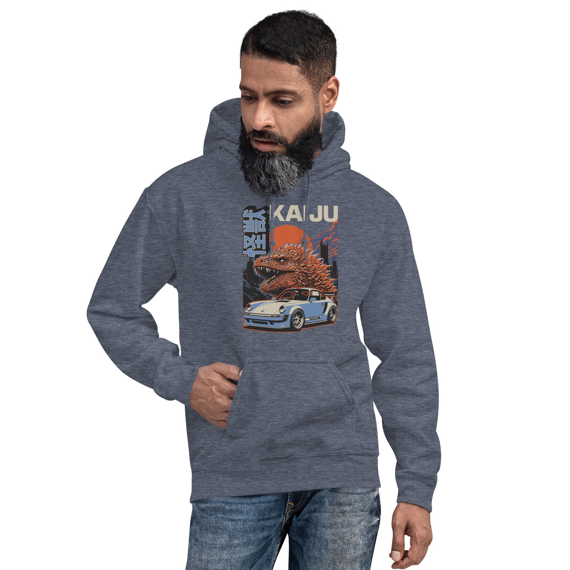 a bearded man wearing sport grey hoodie with a monster kaiju and Porsche Car vintage Graphic design against a white background