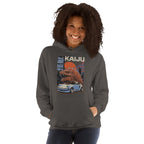 a woman wearing a charcoal hoodie with a monster kaiju and Porsche Car vintage Graphic design against a white background