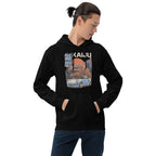 a man wearing a black hoodie with a monster kaiju and Porsche Car vintage Graphic design against a white background