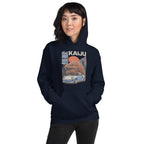 a woman wearing a navy hoodie with a monster kaiju and Porsche Car vintage Graphic design against a white background
