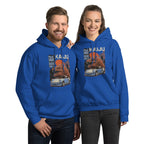 a couple of a man and a woman wearing a macthing royal blue hoodie with a monster kaiju and Porsche Car vintage Graphic design against a white background