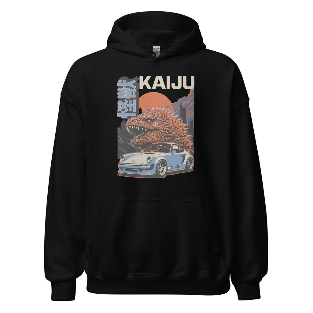 black hoodie with a monster kaiju and Porsche Car vintage Graphic design against a white background