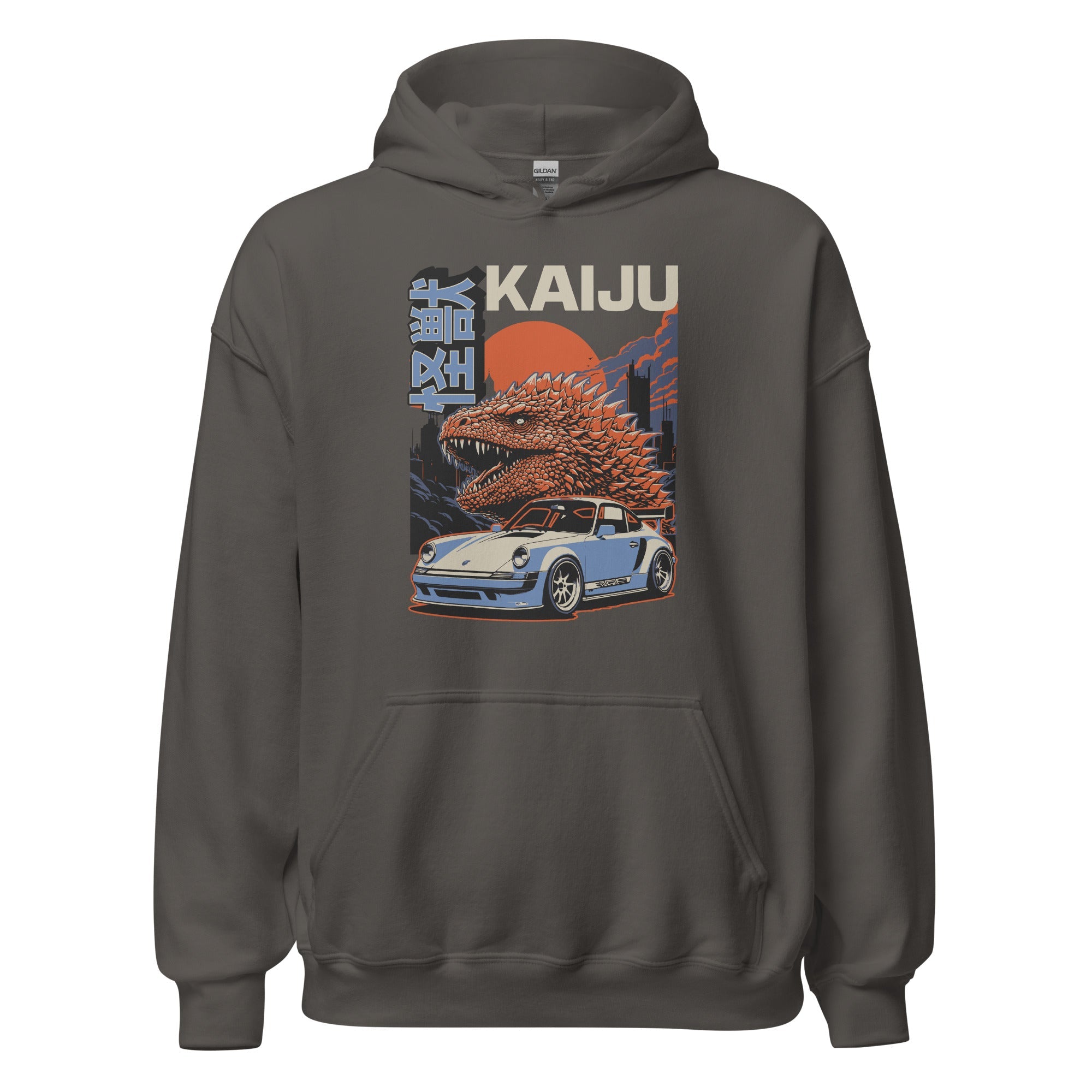 charcoal hoodie with a monster kaiju and Porsche Car vintage Graphic design against a white background