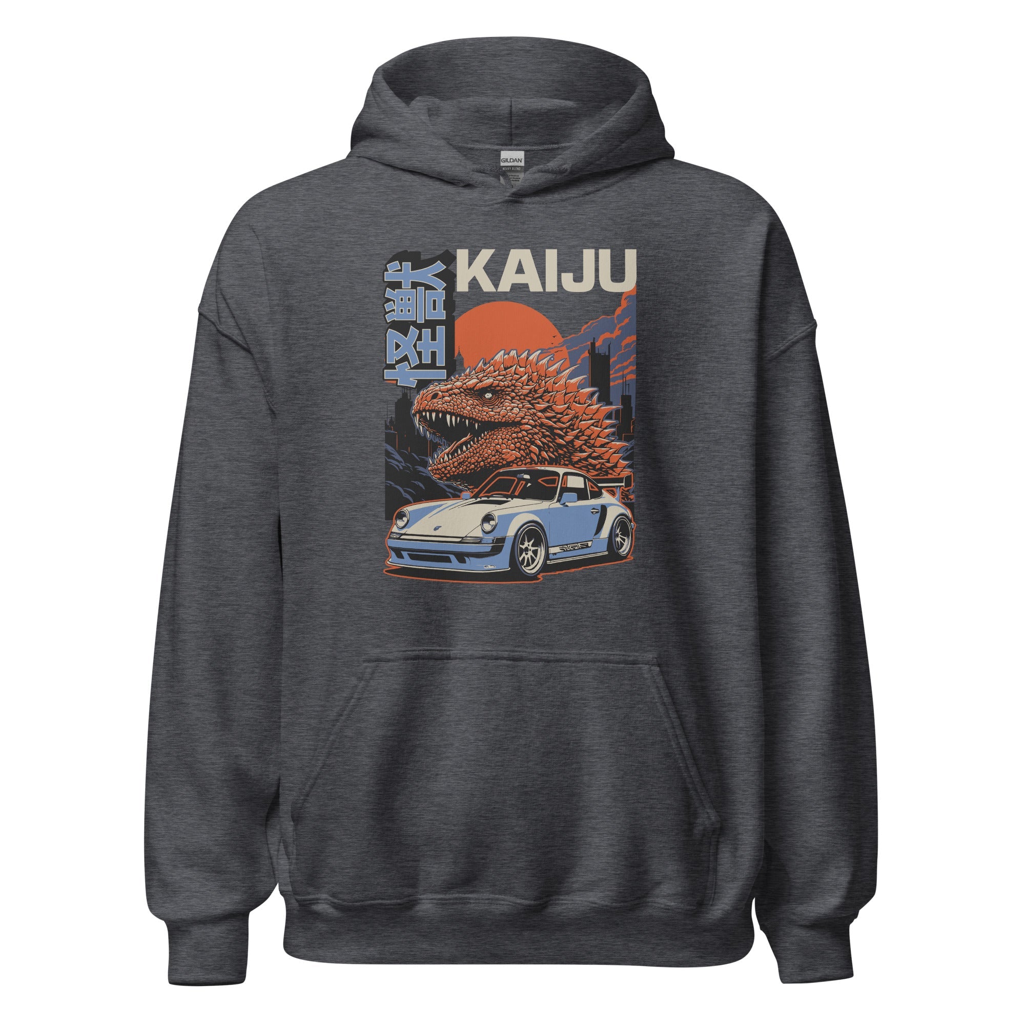 dark heather hoodie with a monster kaiju and Porsche Car vintage Graphic design against a white background