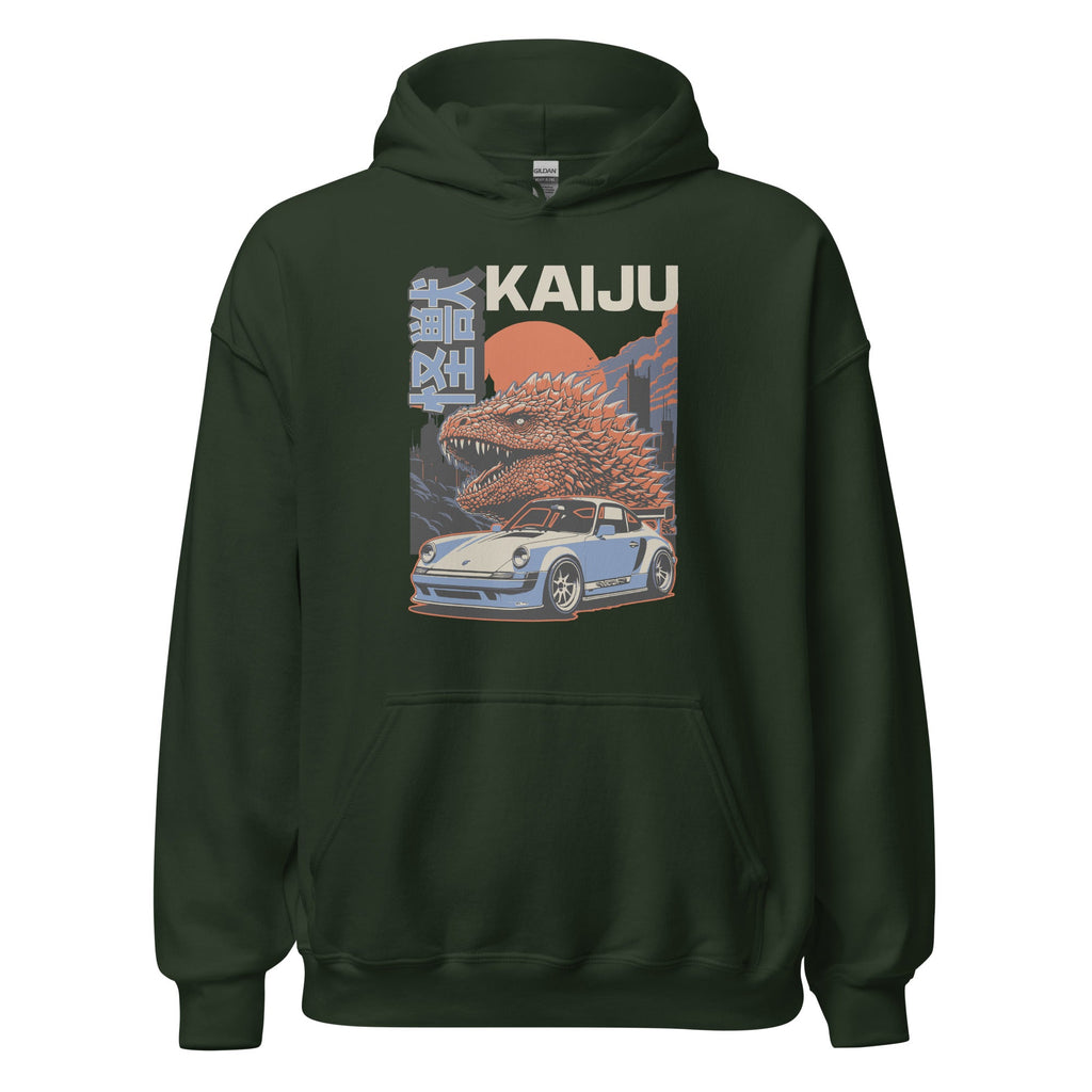 forest green hoodie with a monster kaiju and Porsche Car vintage Graphic design against a white background