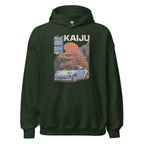 forest green hoodie with a monster kaiju and Porsche Car vintage Graphic design against a white background