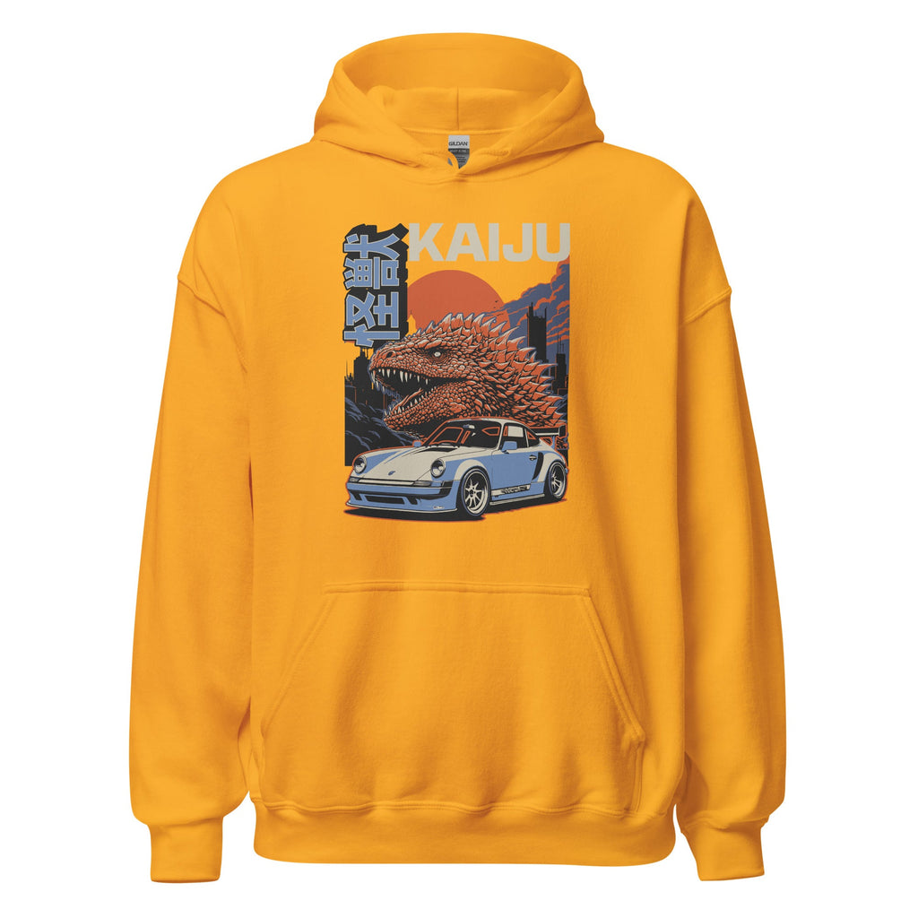 gold hoodie with a monster kaiju and Porsche Car vintage Graphic design against a white background
