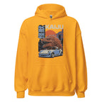 gold hoodie with a monster kaiju and Porsche Car vintage Graphic design against a white background
