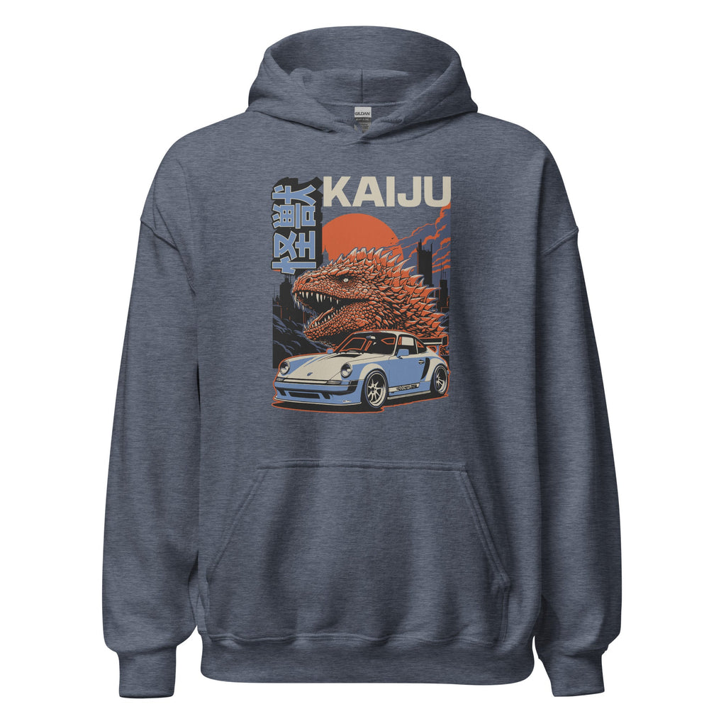 heather sport dark navy hoodie with a monster kaiju and Porsche Car vintage Graphic design against a white background