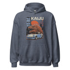 heather sport dark navy hoodie with a monster kaiju and Porsche Car vintage Graphic design against a white background