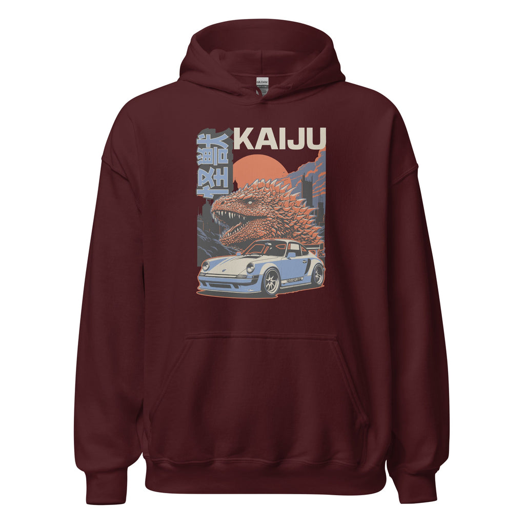 maroon hoodie with a monster kaiju and Porsche Car vintage Graphic design against a white background