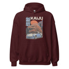 maroon hoodie with a monster kaiju and Porsche Car vintage Graphic design against a white background