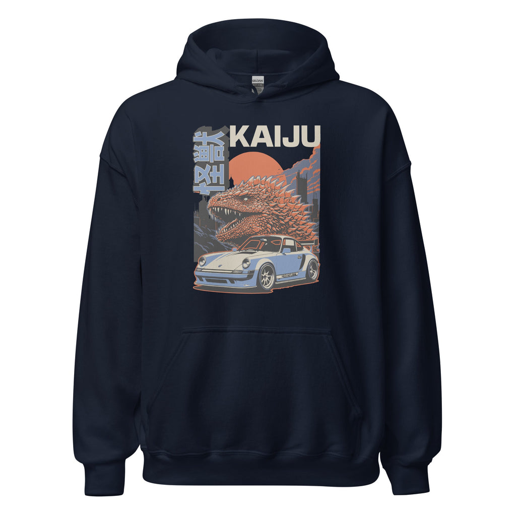 navy hoodie with a monster kaiju and Porsche Car vintage Graphic design against a white background