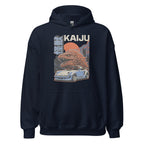 navy hoodie with a monster kaiju and Porsche Car vintage Graphic design against a white background