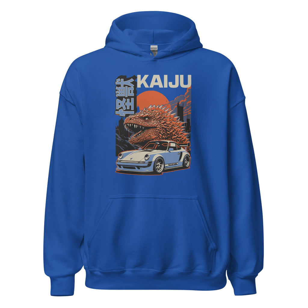 blue hoodie with a monster kaiju and Porsche Car vintage Graphic design against a white background