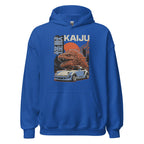 blue hoodie with a monster kaiju and Porsche Car vintage Graphic design against a white background